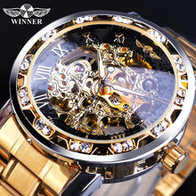 Load image into Gallery viewer, Winner Golden Watches Classic Rhinestone Clock Roman Analog Male Skeleton Clocks Automatic Mechanical Stainless Steel Band Watch