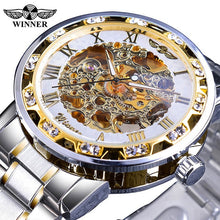 Load image into Gallery viewer, Winner Golden Watches Classic Rhinestone Clock Roman Analog Male Skeleton Clocks Automatic Mechanical Stainless Steel Band Watch