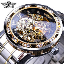 Load image into Gallery viewer, Winner Golden Watches Classic Rhinestone Clock Roman Analog Male Skeleton Clocks Automatic Mechanical Stainless Steel Band Watch