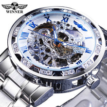 Load image into Gallery viewer, Winner Golden Watches Classic Rhinestone Clock Roman Analog Male Skeleton Clocks Automatic Mechanical Stainless Steel Band Watch