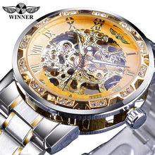 Load image into Gallery viewer, Winner Golden Watches Classic Rhinestone Clock Roman Analog Male Skeleton Clocks Automatic Mechanical Stainless Steel Band Watch