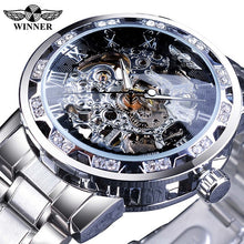 Load image into Gallery viewer, Winner Golden Watches Classic Rhinestone Clock Roman Analog Male Skeleton Clocks Automatic Mechanical Stainless Steel Band Watch