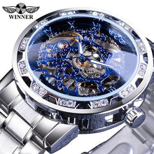 Load image into Gallery viewer, Winner Golden Watches Classic Rhinestone Clock Roman Analog Male Skeleton Clocks Automatic Mechanical Stainless Steel Band Watch