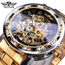 Load image into Gallery viewer, Winner Golden Watches Classic Rhinestone Clock Roman Analog Male Skeleton Clocks Automatic Mechanical Stainless Steel Band Watch