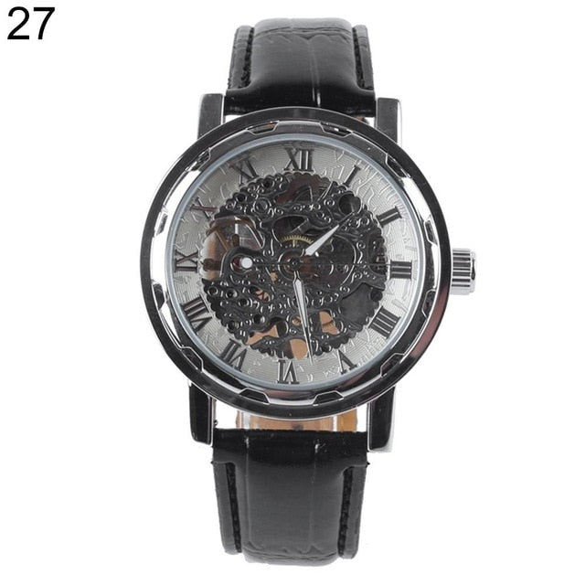 Classic Men Faux Leather Band Roman Numerals Hand-Wind Mechanical Watches Sports Army Wristwatch Automatic Skeleton Watch