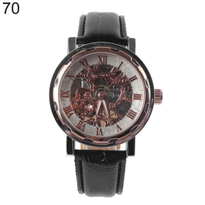 Classic Men Faux Leather Band Roman Numerals Hand-Wind Mechanical Watches Sports Army Wristwatch Automatic Skeleton Watch