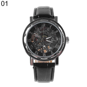 Classic Men Faux Leather Band Roman Numerals Hand-Wind Mechanical Watches Sports Army Wristwatch Automatic Skeleton Watch