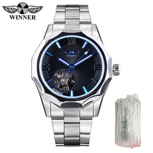 Load image into Gallery viewer, Winner Golden Watches Classic Rhinestone Clock Roman Analog Male Skeleton Clocks Automatic Mechanical Stainless Steel Band Watch