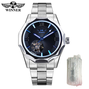 Winner Golden Watches Classic Rhinestone Clock Roman Analog Male Skeleton Clocks Automatic Mechanical Stainless Steel Band Watch