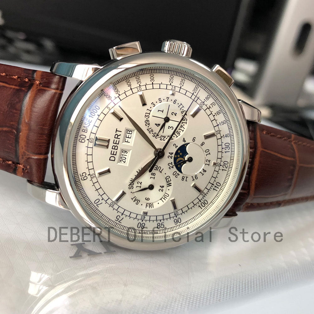 Top Brand42mm Debert  mechanical wristwatches Phase White Dial Silver Year, Day, Month and Week 316L SS Case Automatic watch men