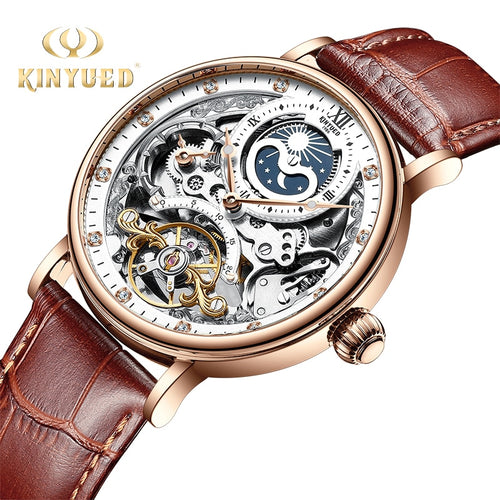 KINYUED Skeleton Watches Mechanical Automatic Watch Men Tourbillon Sport Clock Casual Business Moon Wrist Watch Relojes Hombre