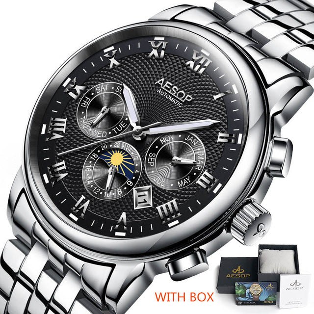 AESOP Men's Fashion Watches Automatic Mechanical Watch Blue Wrist Wristwatch Stainless Steel Male Clock Men Relogio Masculino